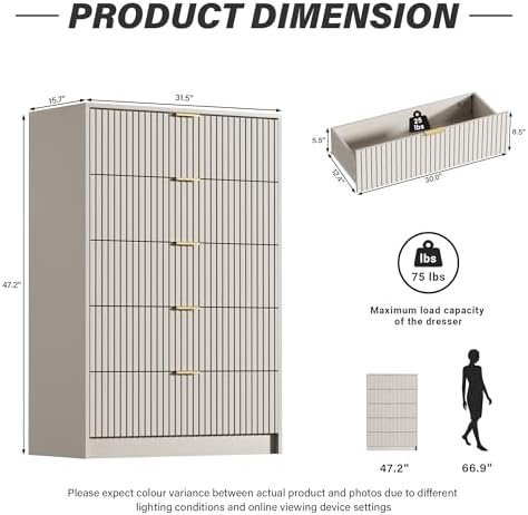 Furniway Beige Dresser for Bedroom, Modern Dresser with 5 Drawers and Smooth Slides, Wide Chest of Drawers with Golden Handles for Bedroom, Living Room, Closet, 15.7" D x 31.5" W x 47.2" H - Image 2