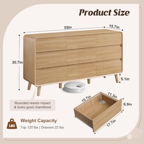 Nasonet 9 Drawer Dresser for Bedroom, 55'' Wide Modern Wood Chest of Drawers, Large Storage Drawer Dresser TV Stand, Oak - Image 2
