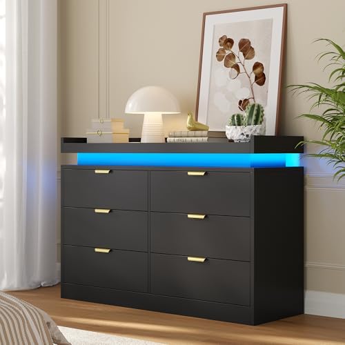 knoworld 6 Drawer Dresser for Bedroom, Black Dresser with LED Lights and Power Outlet, Large Wooden Dressers Modern Chest of Drawers, Double Wide 6 Drawer Dressers for Bedroom, Entryway, Hallway by KNOWORLD