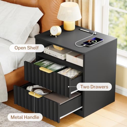 TEENFON Fluted Nightstands Set of 2, Night Stand with Charging Station and LED Light, Nightstand with Storage Drawer and Open Shelf, Bedside Table for Small Space, Bedroom, Black - Image 7