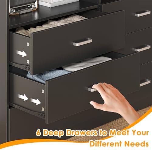 Bigbiglife 6 Drawers Dresser for Bedroom with Open Storage Cubby, Double Wide Dresser Organizer for Bedroom, Living Room, Entryway, Hallway (Black) - Image 5