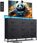 WLIVE Black Dresser TV Stand 9 Drawers, Fabric Chest of Drawers LED Lights by WLIVE