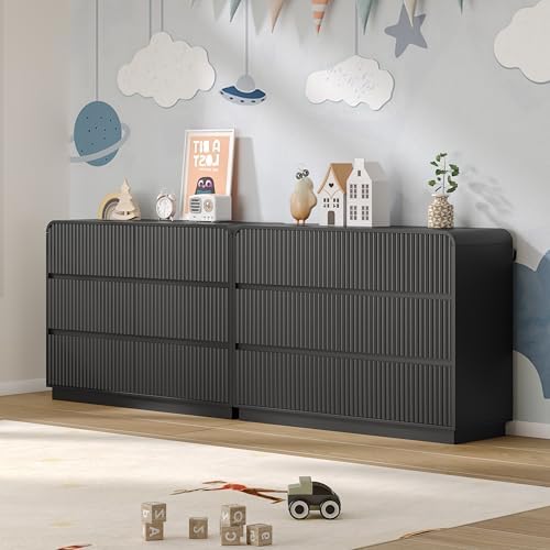 BORNOON Dresser for Bedroom with 6 Drawers, Fluted Chest of Drawers with Round Curved Corner, Hidden Handles, Modern Wood Storage Organizer for Bedroom, Nursery, Living Room - Image 6