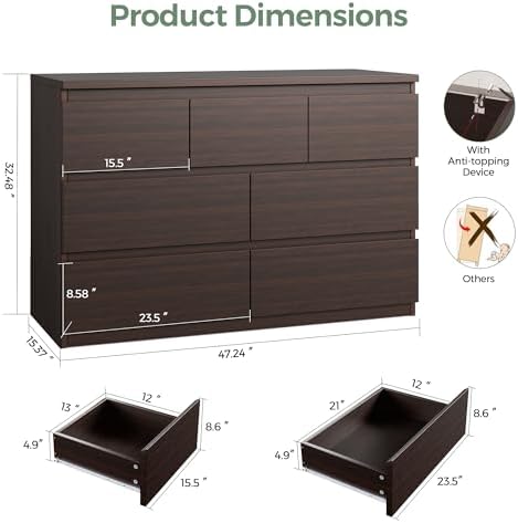 Jocoevol Modern Brown 7 Drawer Dresser for Bedroom, Simply Chest of Drawers, Wood Storage Dresser with Deep Drawers for Living Room Hallway Entryway, Brown - Image 2