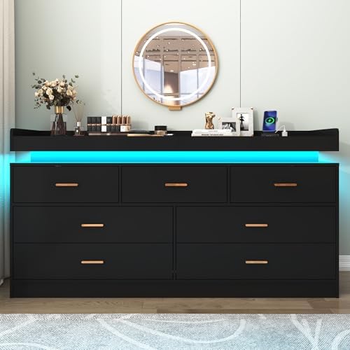 Hlivelood 7 Drawer Dresser with LED Light and Charging Station, Modern Chest of Drawers for Closet, Wide Drawer Organizer Cabinet for Bedroom, Living Room, Entryway, Hallway, Black - Image 6