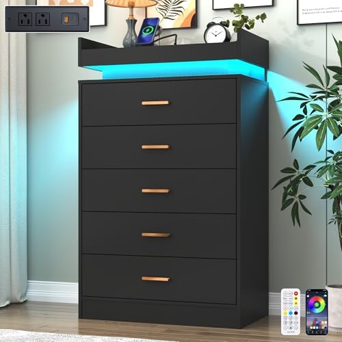 Hlivelood 5 Drawer Dresser with LED Light and Charging Station, Modern Chest of Drawers for Closet, Wide Drawer Organizer Cabinet, Living Room, Entryway, Hallway, Black by Hlivelood