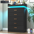 Hlivelood 5 Drawer Dresser with LED Light and Charging Station, Modern Chest of Drawers for Closet, Wide Drawer Organizer Cabinet, Living Room, Entryway, Hallway, Black by Hlivelood