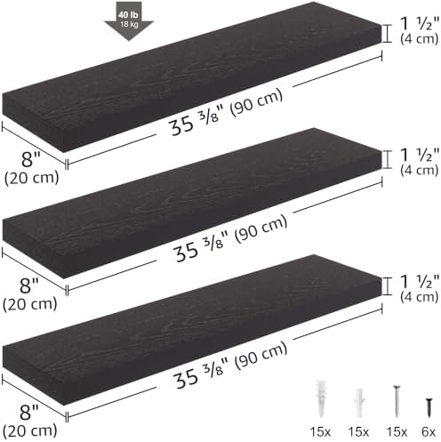 Ballucci Floating Shelves, 36" Long Wall Shelf, Set of 3, Wood Floating Shelves for Wall, Decorative Wall Shelves for Home Office, Living Room, Room Décor, 8" Deep, Set of 3, Black - Image 3