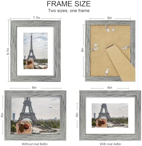 Hongkee 6x8 Picture Frame Set of 4, Made of Real Glass and Grey Frame - Display Picture 4x6 with Mat or 6x8 Without Mat, 6 by 8 Photo for Wall or Tabletop - Image 2