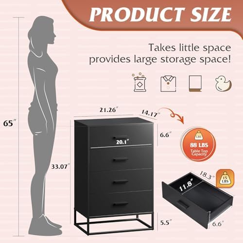 WLIVE Black Dresser for Bedroom with 4 Drawers, Tall Dresser with Sturdy Metal Frame, Wood Chest of Drawers for Closet, Living Room, Hallway - Image 3