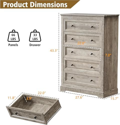 LOUVIXA Farmhouse Dresser 5 Drawer, Bedroom Chest of Drawers, Dressers with 5 Drawers, Wooden Dressers for Bedroom, Living Room, Tv Stand, Entryway(Rustic Yellow) - Image 2