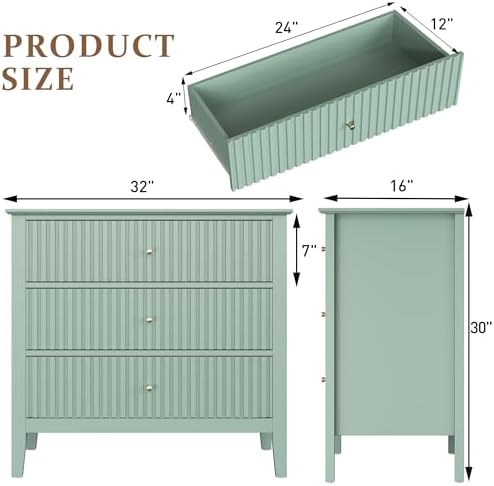 RoyalCraft 32" Large Nightstand, Fluted Painted Wood Bedside Table with 3 Spacious Drawers, Modern End Table for Bedroom, Living Room, Light Green - Image 2