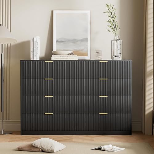 Furniway Black Dresser for Bedroom, Modern Dresser with 8 Drawers and Smooth Slides, Wide Chest of Drawers with Golden Handles for Bedroom, Closet, 15.7" D x 55" W x 37.4" H - Image 7