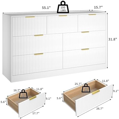 White Dresser with 7 Drawer 55" Wide Fluted Dresser for Bedroom丨Modern Chest of Drawer with Metal Handles, Wood TV Stand for Bedroom, Living Room, Entryway, Hallway, White - Image 2