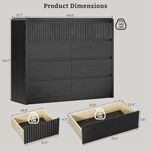 LYNSOM Black Fluted 9 Drawer Dresser for Bedroom, Curved Edge, 50" Wide - Image 2
