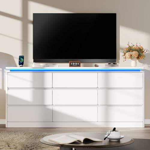 9 Drawer Dresser for Bedroom, 63" Long White Chest of Drawers w/LED Lights - Image 6