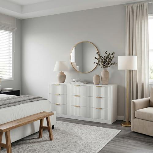 White 9 Drawer Dresser for Bedroom, 63" Wide Modern Fluted Chest of Drawers, Wooden Dresser with Gold Metal Handles, Mid Century Large Dresser TV Stand for Living Room Hallway - Image 5