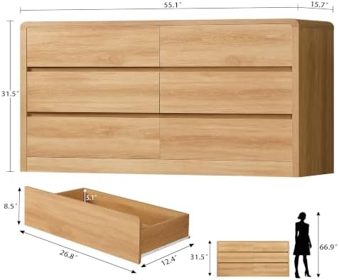 TEENFON 55" Dresser for Bedroom with 6 Drawers, Dressers & Chests of Drawers with Curved Profile Design, 6 Drawer Dresser, Bedroom Dressers, Wood Dressers for Bedroom, Hallway, Natural - Image 2