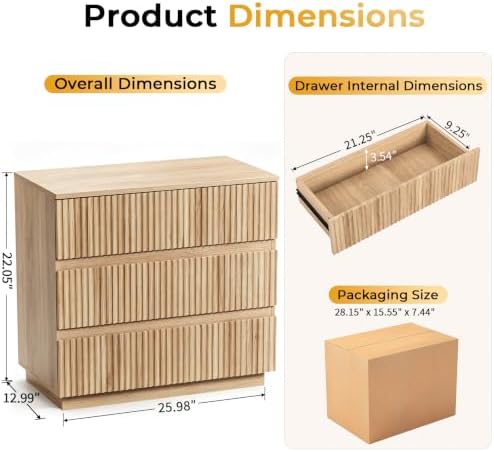 Karl home Natural Oak 3 Drawer Fluted Nightstand, Modern Storage Chest - Image 3