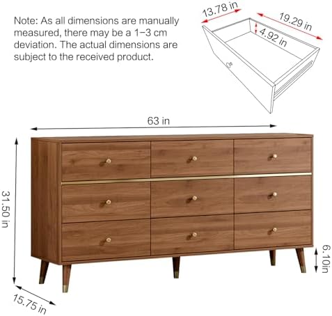 Chrangmay 9 Drawer Dresser,63" Wide Mid Century Chest of Drawers,Wooden Bedroom Drawer Dresser with 9 Storage Drawers for Bedroom,Living Room,with Anti-Tipping Device,Chestnut - Image 2