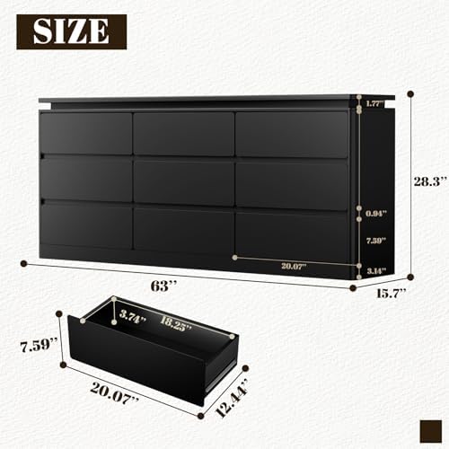 9 Drawer Dresser for Bedroom, 63" Long Black Chest of Drawers w/LED Lights - Image 2