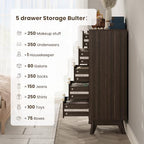43" Hight Fluted 5 Drawers Dresser for Bedroom,Curved Edge,Walnut - Image 5