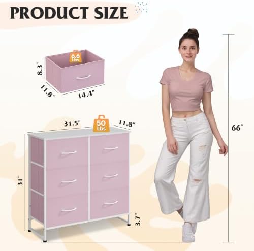 WLIVE Pink Fabric Dresser for Bedroom, 6 Drawer Dressers, Chest of Drawers - Image 3