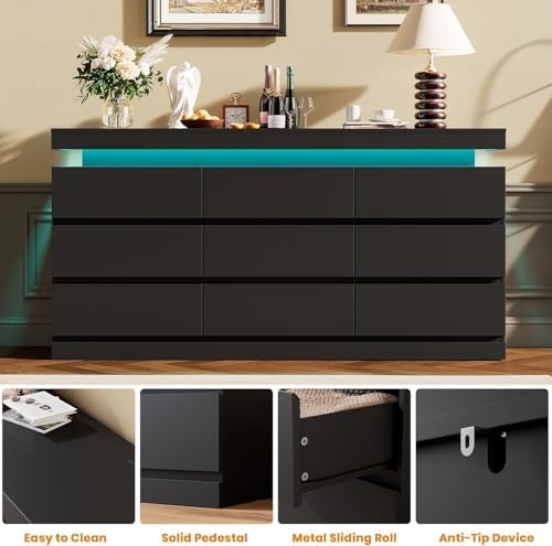 Garvee 9 Drawer Dresser for Bedroom - 63" Wide Chest of Drawers with LED Light and Charging Station, Large TV Stand Multi-Function Home Organizer for Living Room, Entryway, Hallway, Black - Image 3