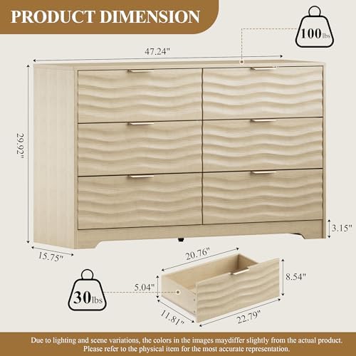 MALOL 48" Wide 6 Drawers Dresser for Bedroom, Coastline Fluted Modern Dresser Drawer with Metal Handle, Storage Chest of TV Stand Organizers Wooden for Living Room, Hallway, Closet, Natural Wood - Image 2