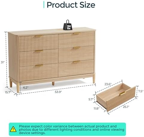 LINSY HOME Fluted Dresser for Bedroom with 6 Drawers, 54" Wide Mid Century Modern Dressers, Tall Boho Chest of Drawers, Large Wood Accent Storage Cabinet for Living Room, Curved Profile Design, Oak - Image 2