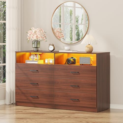 Bigbiglife Dresser for Bedroom, 6 Drawer Dresser with Charging Station and Led Light, Modern Chest of Drawers for Bedroom, Living Room (Walnut Brown) - Image 5