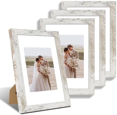 Hongkee 8x12 Picture Frame Set of 4, Made of Glass and Distressed White Wooden Frame - Display 6x8 Picture with Mat or 8 x 12 Poster Without Mat, 8 by 12 Photo for Wall or Tabletop by Hongkee