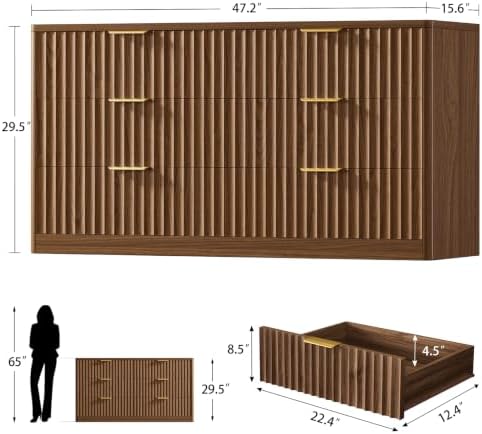 TEENFON Fluted 6 Drawer Dresser for Bedroom, Wide Modern Chest of Drawers with Metal Handle, Curved Profile Design, Wood Closet Clothes Storage Organizer for Bedroom, Hallway, Walnut - Image 2
