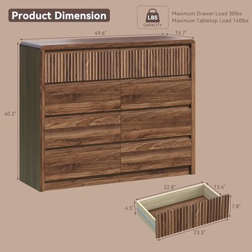 Fluted 8 Drawer Dresser for Bedroom, 50” Wide Modern Dresser & Chest of Drawers with Curved Profile Design, Wood Mid Century Dressers for Bedroom, Living Room, Walnut - Image 2