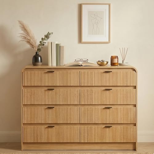 FURSUN Fluted 8 Drawers Dresser for Bedroom, 55" Wide Wooden Dresser with Metal Handle, Curved Profile Design, Modern Storage Organizer for Bedroom, Living Room, Hallway, Natural Oak by FURSUN