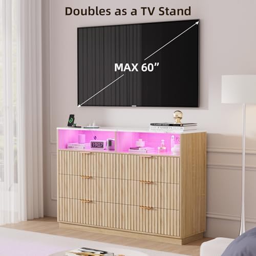 VOWNER Fluted 6 Drawer Dresser for Bedroom Faux Marble Top Dresser TV Stand - Image 6