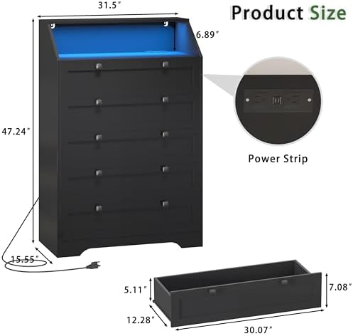 Black Dresser Tall 5 Drawer Dresser for Bedroom, Wood Chest of Drawers with LED Lights, Charging Station, Metal Handles, Modern Storage Cabinet and Organizer Drawers for Living Room, Hallway - Image 3