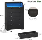 Black Dresser Tall 5 Drawer Dresser for Bedroom, Wood Chest of Drawers with LED Lights, Charging Station, Metal Handles, Modern Storage Cabinet and Organizer Drawers for Living Room, Hallway - Image 3