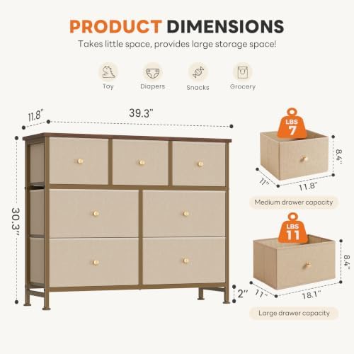 Sweetcrispy 7 Drawer Dresser for Bedroom Storage with Fabric Bins, Khaki - Image 3