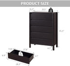 CHUWELL 45" Tall Black 5 Drawer Dresser for Bedroom with Solid Wood Legs - Image 2