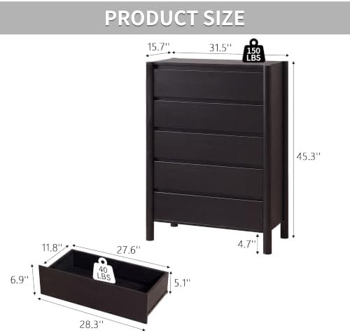 CHUWELL 45" Tall Black 5 Drawer Dresser for Bedroom with Solid Wood Legs - Image 2