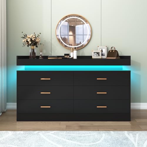 Hlivelood 6 Drawer Dresser with LED Light and Charging Station, Modern Chest of Drawers for Closet, Wide Drawer Organizer Cabinet for Bedroom, Living Room, Entryway, Hallway(Black) - Image 4