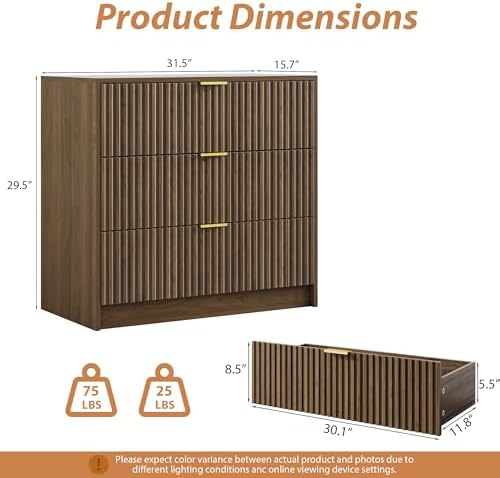 MAISONARIA Fluted Dresser for Bedroom, 32 Inch Wide Nightstand with Large Drawer, 3 Drawer End Table for Bedroom, Living Rooms, Offices, and Entryways, Walnut - Image 2