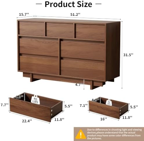 7 Drawer Walnut Dresser for Bedroom, 51.5" Wide Mid Century Modern Dresser - Image 2