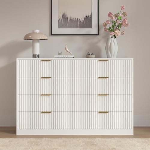 White 8 Drawer Dresser for Bedroom, 55" Wide Fluted Chest of Drawers with Gold Metal Handles, Modern Wooden Dresser, Closet Storage Organizer Mid Century TV Stand for Living Room Hallway - Image 6