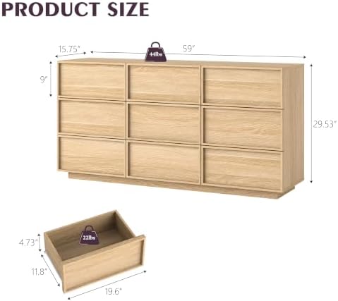 9 Drawer Dresser for Bedroom, 59.1" Wide Double Chest of Drawers with Storage, Wood Dresser TV Stand, Modern Closet Store Organizer for Living Room, Hallway, Nursery, Natural Oak - Image 2