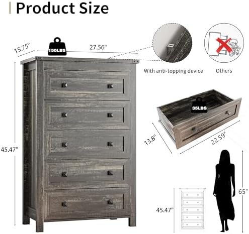 Xixini 45.5" Tall 5-Drawer Farmhouse Dresser for Bedroom, Dark Brown - Image 2