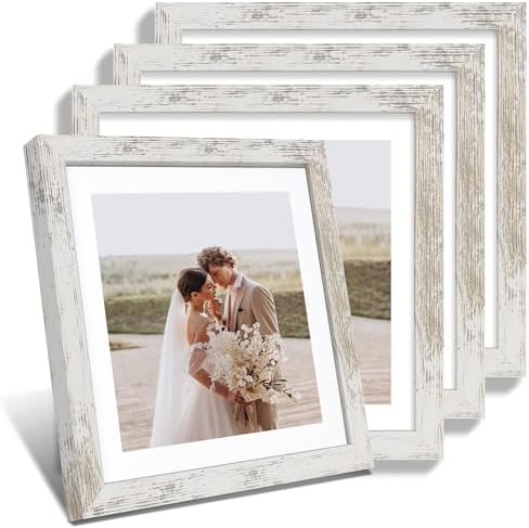 Hongkee 12x12 Picture Frame Set of 4 - Made of Glass and Distressed White Wooden Frame, Display Square Pictures 10x10 with Mat or 12 x 12 without Mat, Desktop & Wall Collage Photo Frame by Hongkee