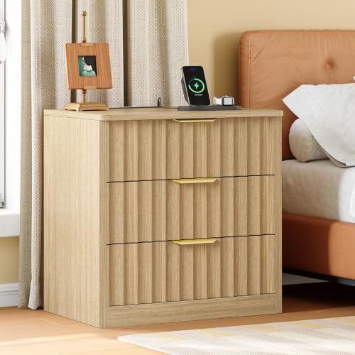 TEENFON Fluted Nightstands Set of 2, Night Stand with Charging Station and LED Light, Nightstand with 3 Storage Drawers, Bedside Table for Small Space, Bedroom, Natural - Image 2