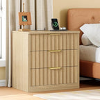 TEENFON Fluted Night Stand with 3 Storage Drawers, Nightstand with Charging Station and LED Light, Bedside Table for Small Space, Bedroom, Natural - Image 2